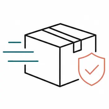 Line art icon of a shipping box with motion lines and a checkmark shield for safe and swift global delivery.