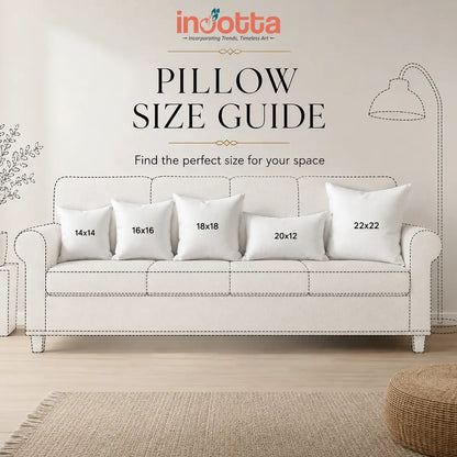 Pillow size guide showing 14x14, 16x16, 18x18, 20x12, and 22x22 inch pillow sizes on a sofa