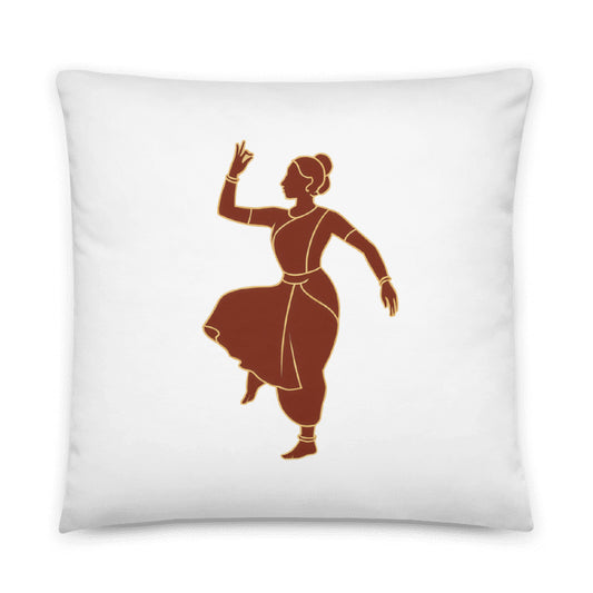 A square decorative throw pillow cover featuring a minimalist illustration of an Indian classical dancer in a traditional Bharatanatyam pose. The design showcases a rust-brown silhouette against a crisp white background, adding a touch of cultural elegance to modern home decor.
