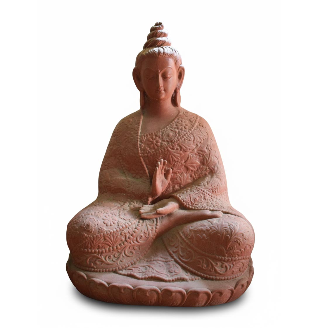 A handcrafted terracotta Buddha statue seated in a cross-legged meditative pose on a lotus base. The reddish-brown clay figurine features highly detailed floral patterns carved into the robe and depicts the Buddha with his right hand raised in the Abhaya Mudra (gesture of fearlessness).
