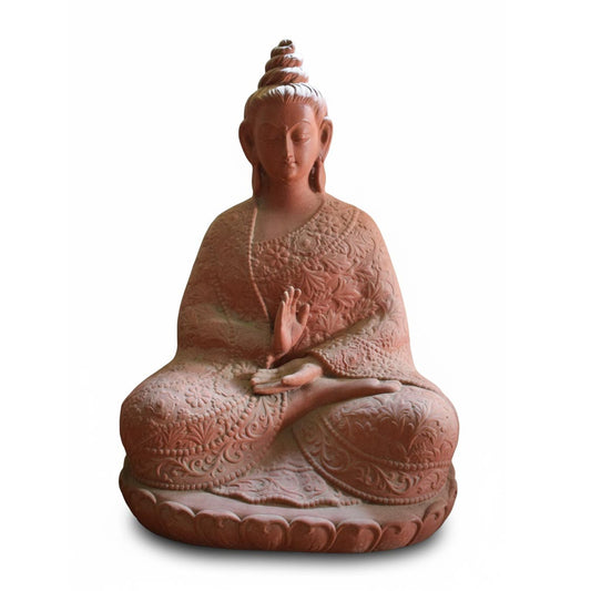 A handcrafted terracotta Buddha statue seated in a cross-legged meditative pose on a lotus base. The reddish-brown clay figurine features highly detailed floral patterns carved into the robe and depicts the Buddha with his right hand raised in the Abhaya Mudra (gesture of fearlessness).