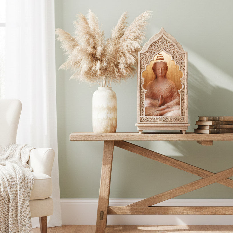 A lifestyle interior shot showing the intricate terracotta Buddha statue displayed inside an ornate, carved wooden shrine. The serene setting features the shrine on a rustic wooden console table next to a vase of dried pampas grass, set against a soft sage green wall to create a Zen meditation corner.