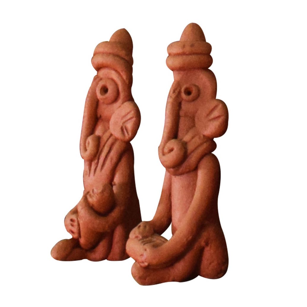 Left view of a handcrafted terracotta Ganesha figurines in warm clay, seated posture, made in Panchmura, Bankura, decorative showpiece pair