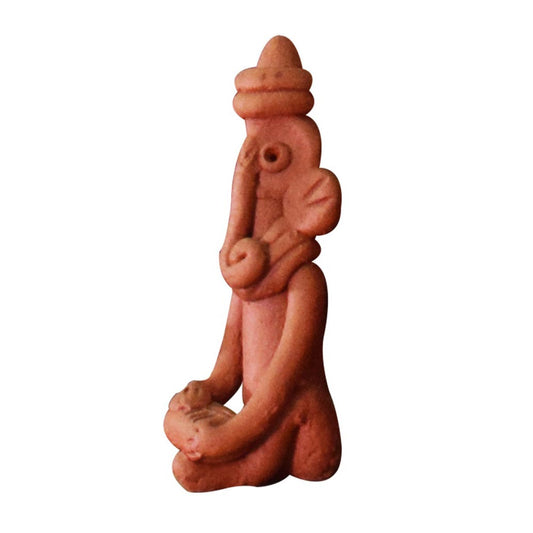 Left view of a handcrafted terracotta Ganesh figure in warm clay, seated posture, made in Panchmura, Bankura, decorative showpiece pair