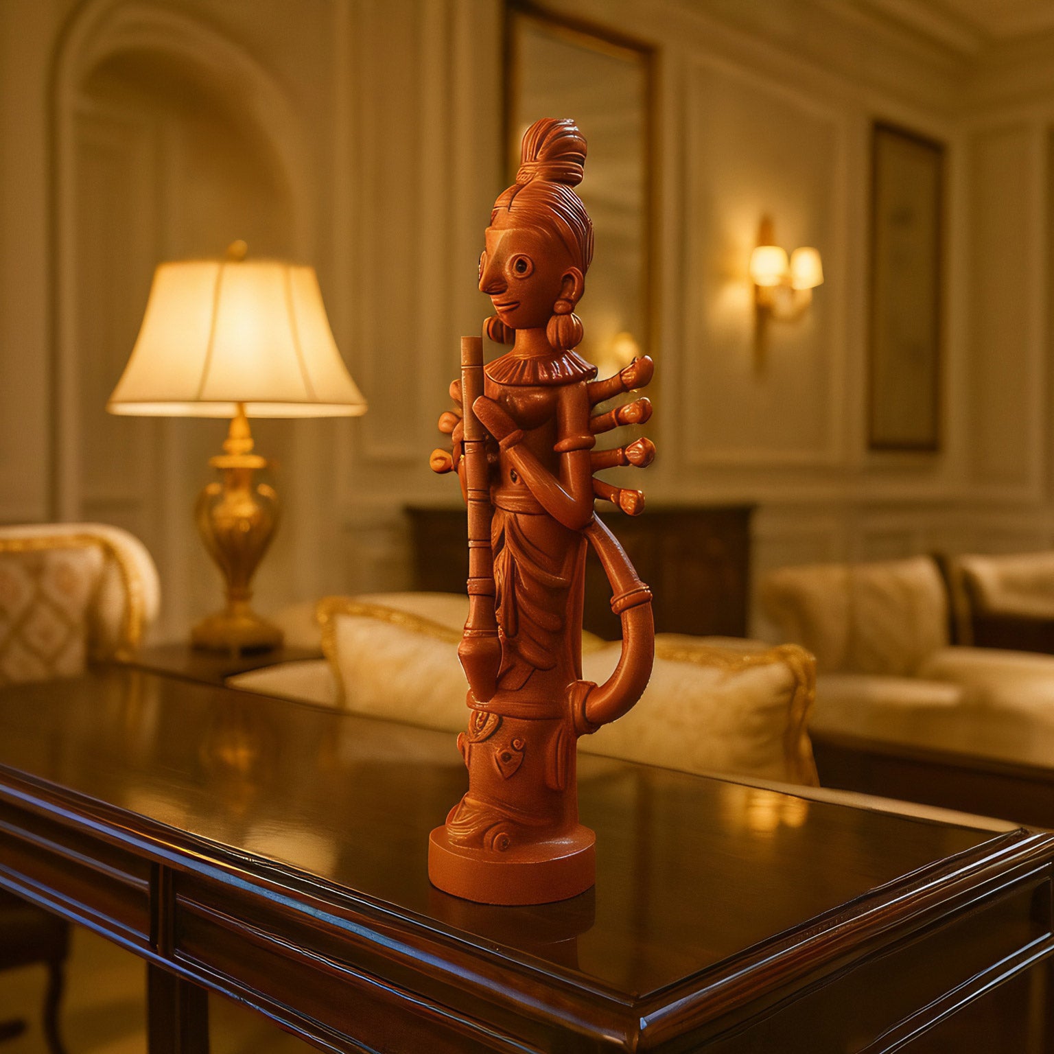 A lifestyle image featuring a handmade terracotta Goddess Durga statue displayed on a wooden table. The warm ambient lighting and plush living room background enhance the spiritual serenity and artistic craftsmanship of this traditional Indian piece, presenting it as an elegant home decor centerpiece.