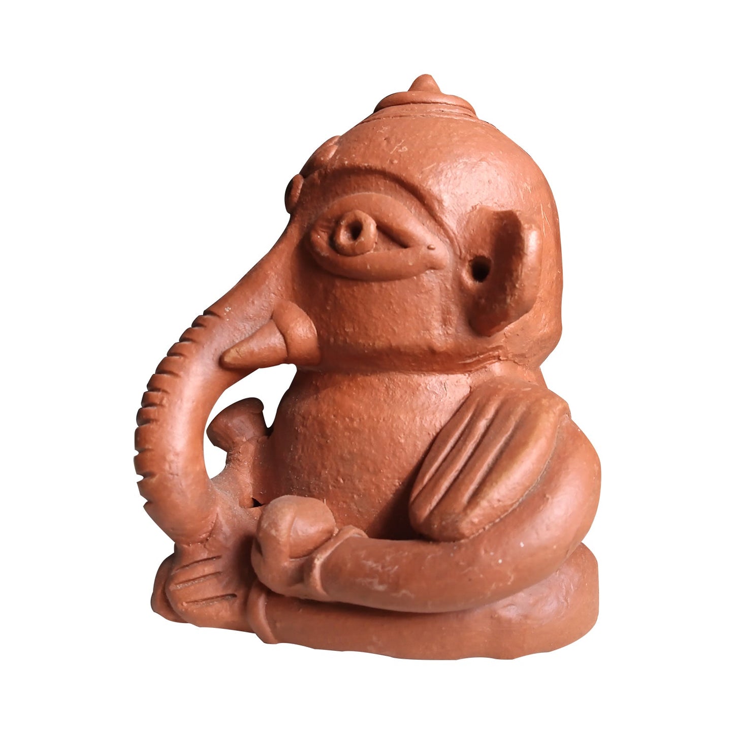 Side view of eco-friendly handcrafted terracotta sitting Ganesha idol in warm brown clay, traditional Panchmura craft for spiritual home décor