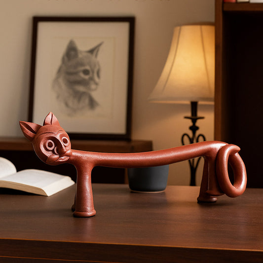 Handmade terracotta long-bodied cat statuette in natural brown clay, displayed on a wooden shelf – front view