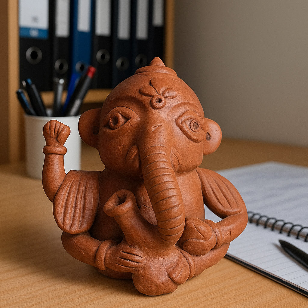 Terracotta Baby Ganesh statue of a seated figure on a table with a couch and lamp in the background. Lifestyle image