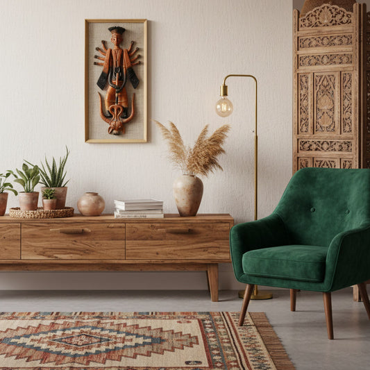A stylish bohemian living room setting featuring a tribal-style terracotta wall mural of Goddess Durga mounted above a wooden console. The space is decorated with a green velvet armchair, a carved wooden room divider, dried pampas grass, and a patterned rug, highlighting how ethnic folk art complements modern eclectic home interiors.
