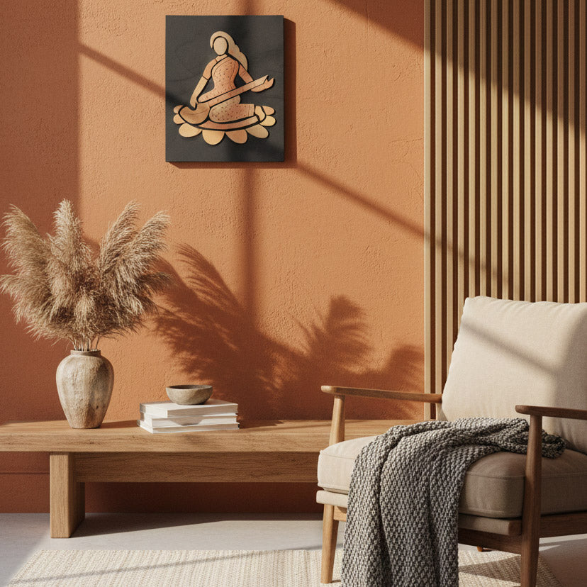 Handcrafted swarsati wall art displayed in a modern living room, combining ethnic design with contemporary home styling.