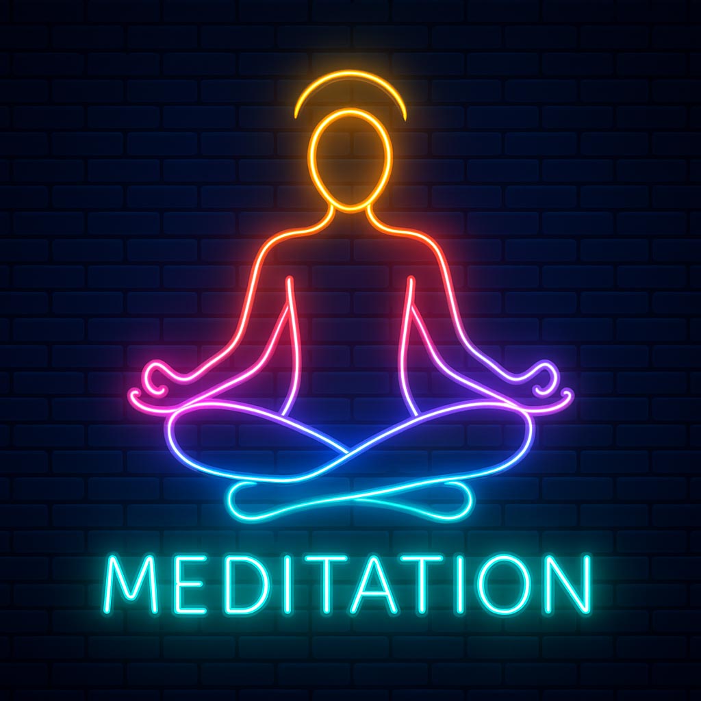 A glowing multicolor LED neon sign depicting a figure in a yoga lotus pose with a halo, transitioning from warm orange and red to cool blue and purple. The word "MEDITATION" is illuminated in bright cyan text below the figure.
