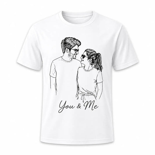 A white natural color unisex t-shirt featuring a custom minimalist line art portrait of a smiling couple. Perfect for personalized anniversary gifts. Free shipping by Incotta.