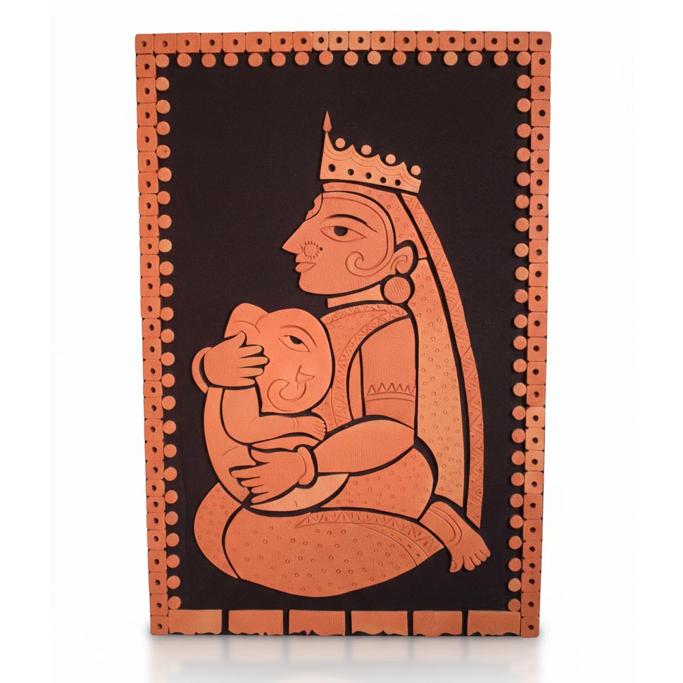 Handcrafted Indian terracotta wall art depicting a durga holding her ganesh, inspired by traditional folk art and ethnic home decor.