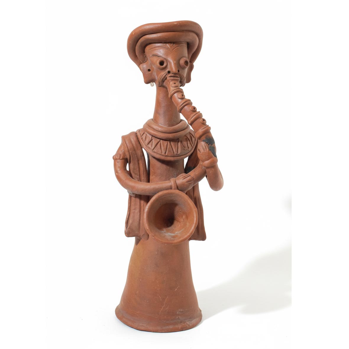Rustic terracotta folk musician statue crafted by Indian artisans, traditional home decor.