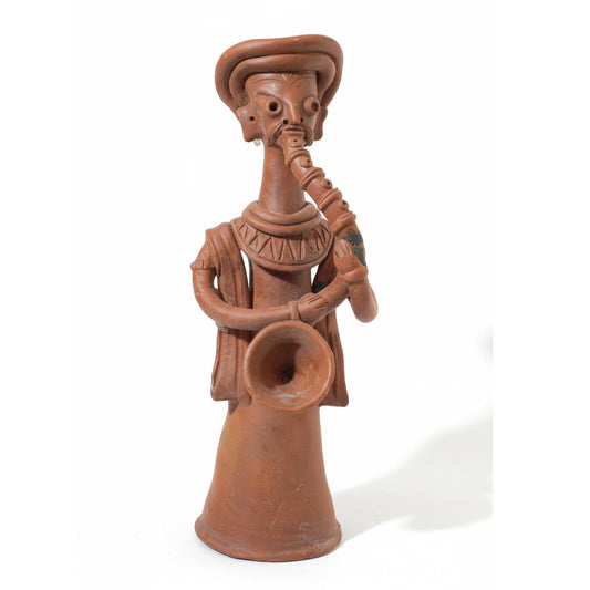 Rustic terracotta folk musician statue crafted by Indian artisans, traditional home decor.