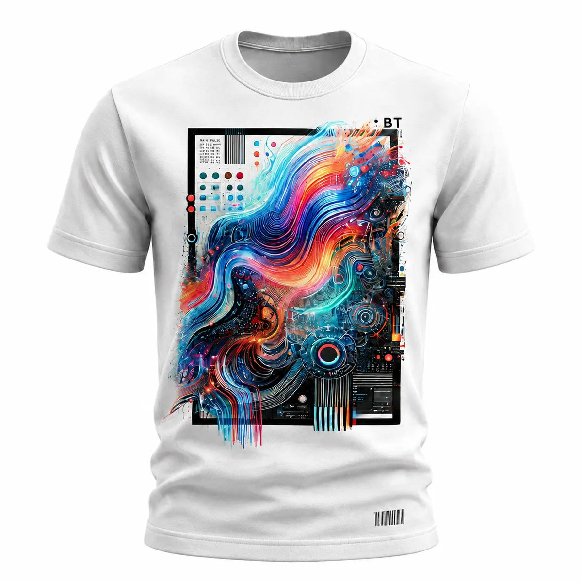 Level up your style with this personalized abstract fluid tech cyberpunk graphic tee. Featuring vibrant neon fluid lines and tech UI elements on a white shirt. Free shipping!
