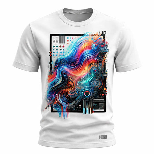 Level up your style with this personalized abstract fluid tech cyberpunk graphic tee. Featuring vibrant neon fluid lines and tech UI elements on a white shirt. Free shipping!