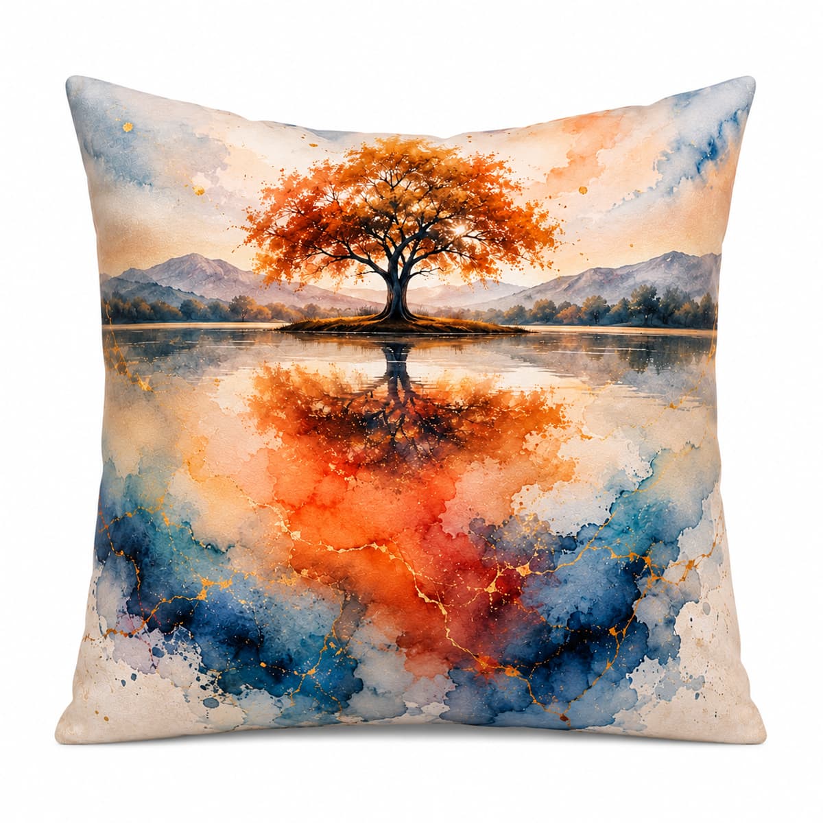 Decorate your home with this personalized autumn tree lake reflection throw pillow cover featuring a golden autumn tree, blue watercolor, and gold marble. Free shipping!