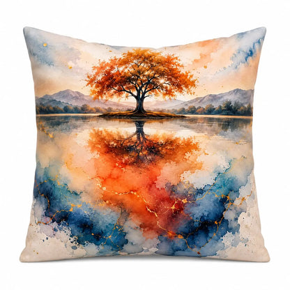 Decorate your home with this personalized autumn tree lake reflection throw pillow cover featuring a golden autumn tree, blue watercolor, and gold marble. Free shipping!
