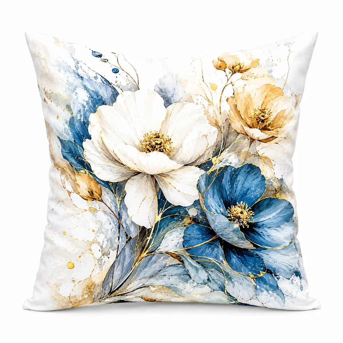 Add luxury to your sofa with this personalized blue and gold floral watercolor throw pillow featuring white peonies and gold veining. Free shipping!
