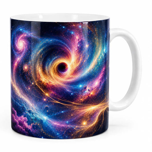 Sip in style with our personalized cosmic galaxy black hole coffee mug featuring a swirling nebula and glowing starlight. Microwave and dishwasher safe. Free shipping!