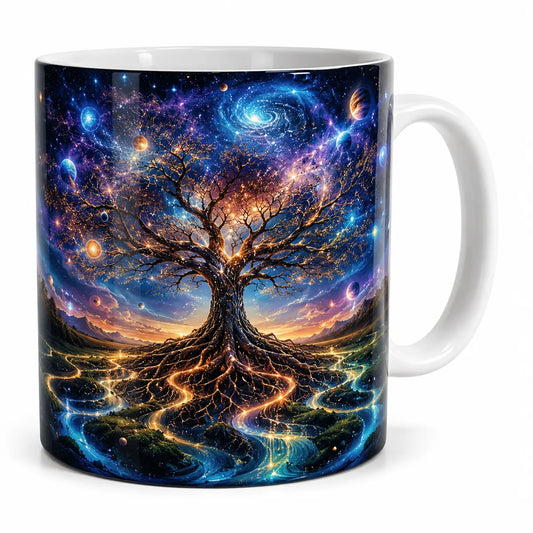 Personalized cosmic tree of life coffee mug featuring glowing roots and galaxy starry night art. Microwave and dishwasher safe. Free shipping!