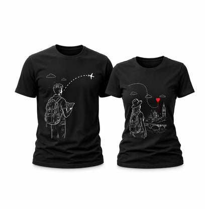 Stay connected with personalized long distance relationship couple t-shirts featuring an airplane flight path connecting travelers to London. Free shipping!