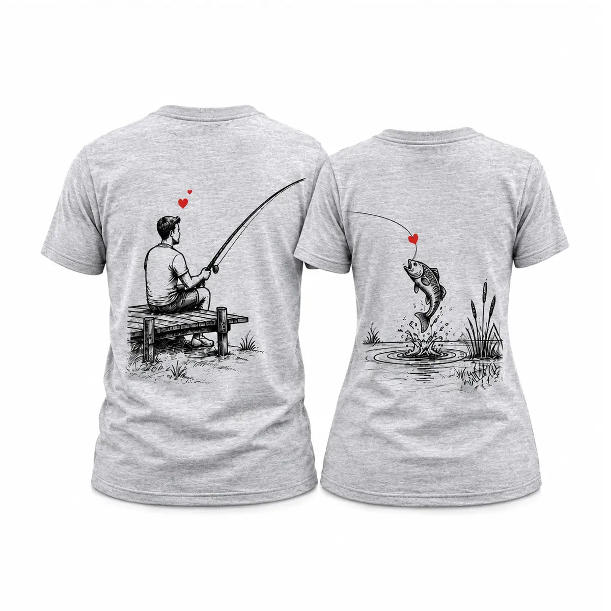 Show off your bond with personalized matching couple fishing t-shirts featuring a fisherman on a dock and a hooked leaping bass fish. Free shipping!