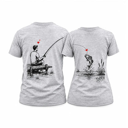 Show off your bond with personalized matching couple fishing t-shirts featuring a fisherman on a dock and a hooked leaping bass fish. Free shipping!