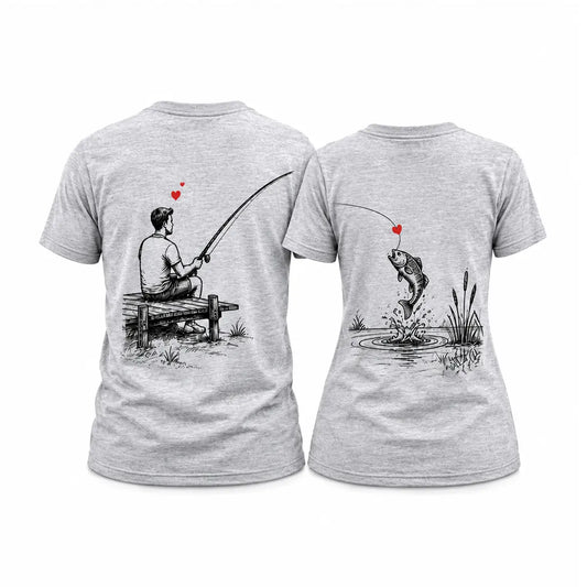 Show off your bond with personalized matching couple fishing t-shirts featuring a fisherman on a dock and a hooked leaping bass fish. Free shipping!
