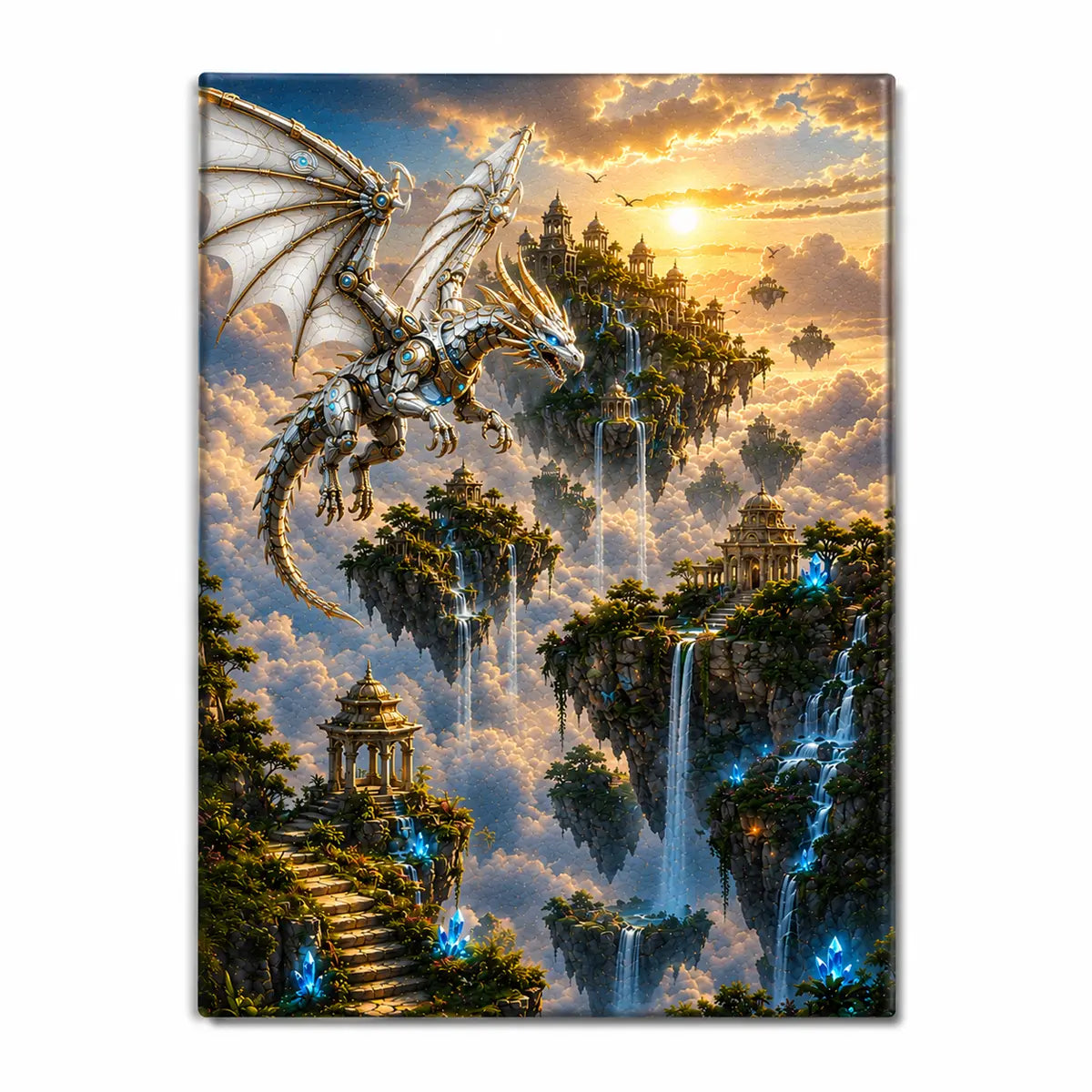 Elevate your space with this personalized mechanical dragon floating islands canvas wall art featuring a cybernetic dragon and sky kingdom. Free shipping!