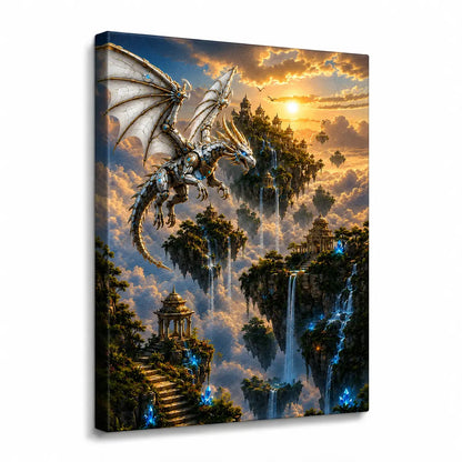 Elevate your space with this personalized mechanical dragon floating islands canvas wall art featuring a cybernetic dragon and sky kingdom. Free shipping!