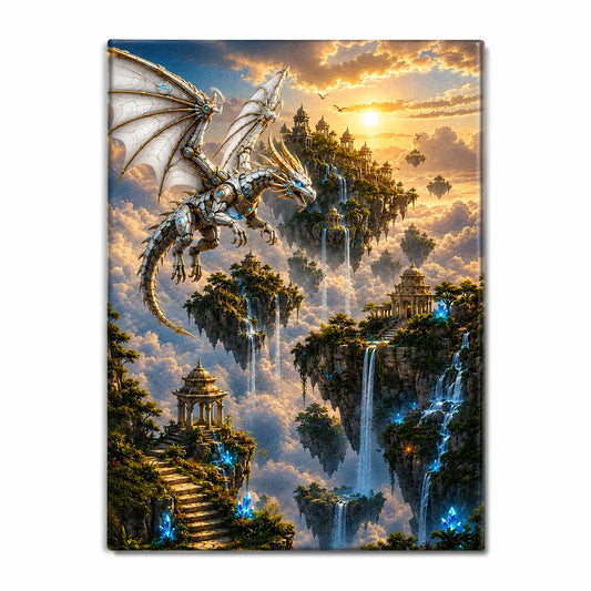 Elevate your space with this personalized mechanical dragon floating islands canvas wall art featuring a cybernetic dragon and sky kingdom. Free shipping!