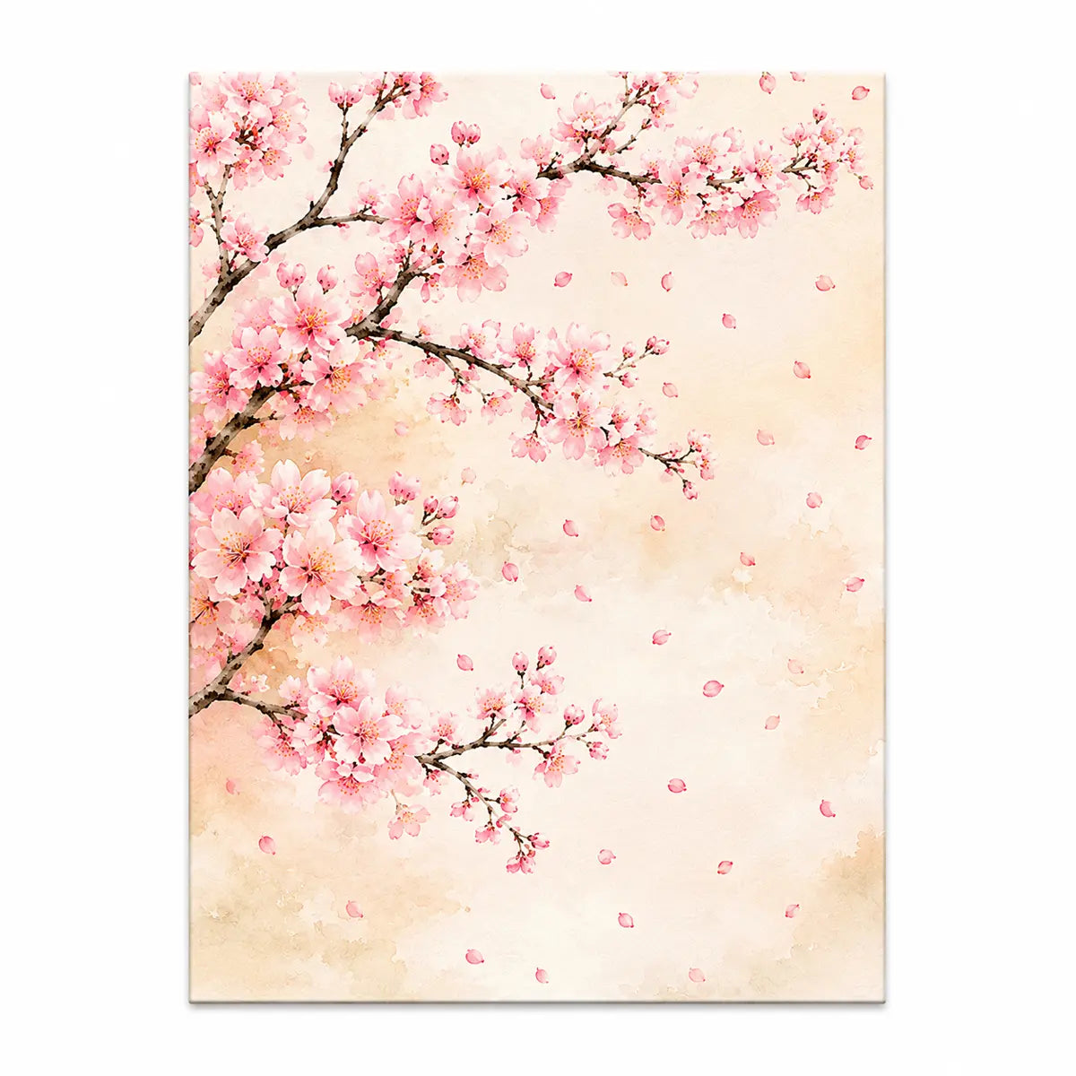 Create a serene space with this personalized pink cherry blossom branch canvas wall art featuring soft pink falling petals and a warm watercolor background. Free shipping!