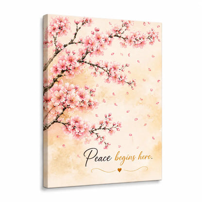 Create a serene space with this personalized pink cherry blossom branch canvas wall art featuring soft pink falling petals and a warm watercolor background. Free shipping!