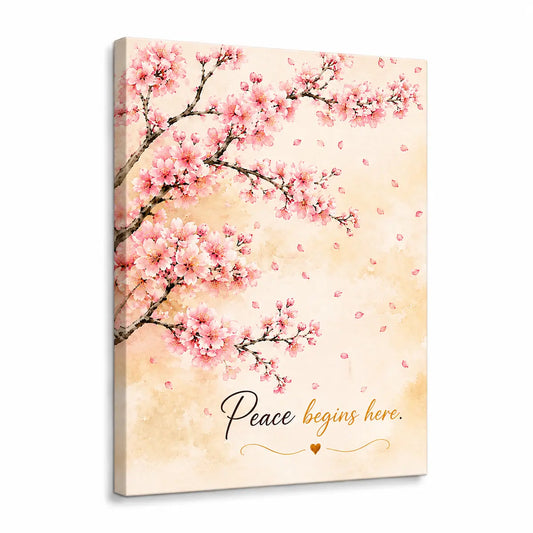 Create a serene space with this personalized pink cherry blossom branch canvas wall art featuring soft pink falling petals and a warm watercolor background. Free shipping!