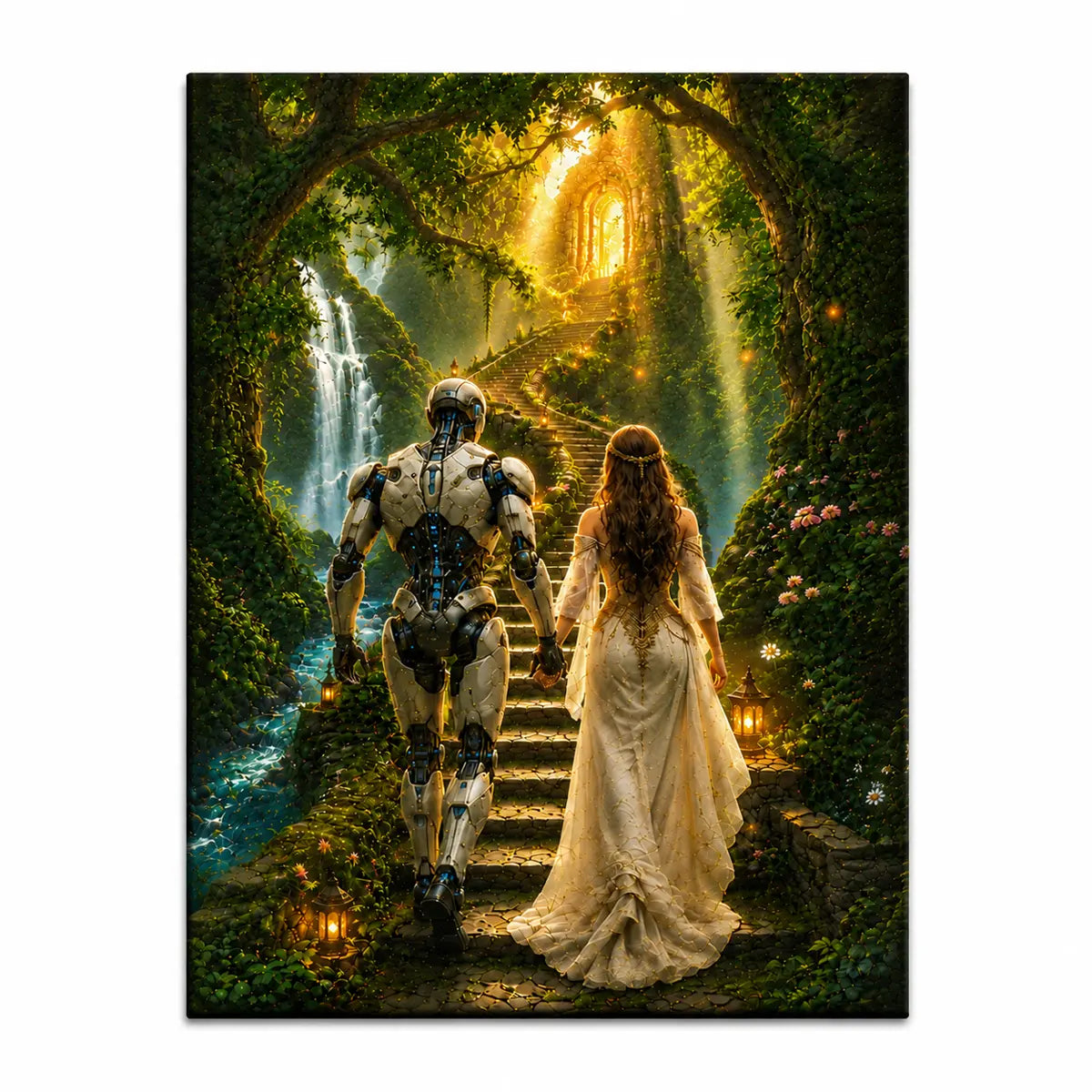 Elevate your space with this personalized sci-fi fantasy romance canvas wall art featuring a robot and princess walking toward a glowing portal. Free shipping!