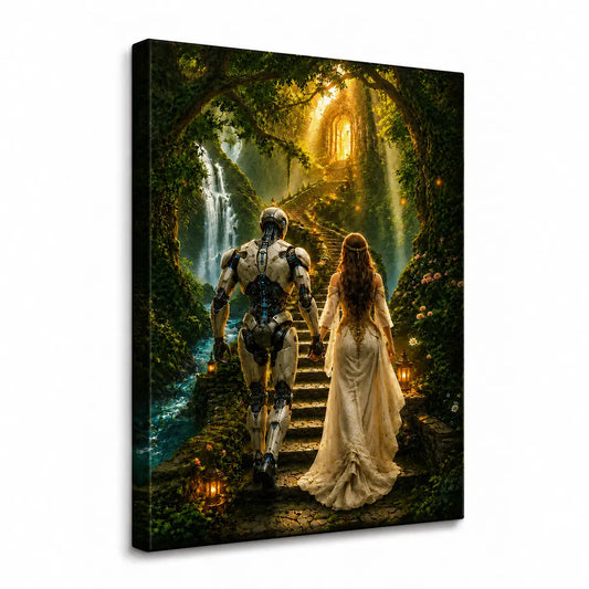 Elevate your space with this personalized sci-fi fantasy romance canvas wall art featuring a robot and princess walking toward a glowing portal. Free shipping!