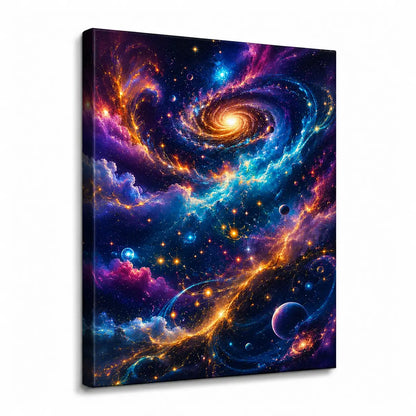 A vibrant swirling cosmic galaxy canvas featuring glowing nebulas, stars, and planets in deep blues and golds. Free shipping by Incotta.