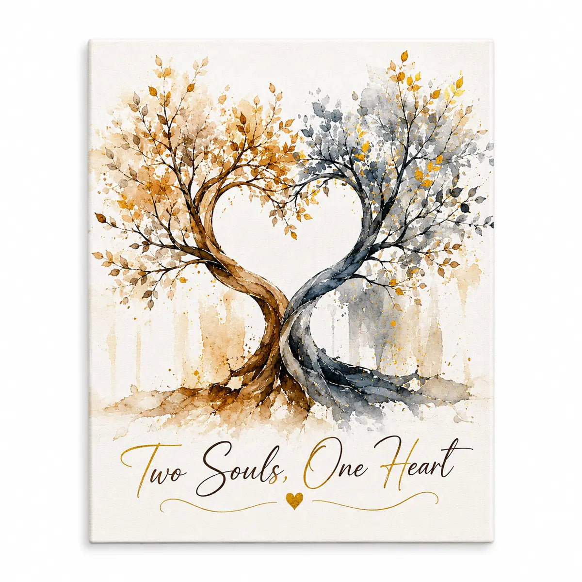 Personalized two souls one heart watercolor tree canvas featuring intertwined heart trees in gold and blue. Romantic wall art perfect for an anniversary gift.