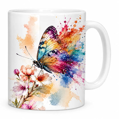 Sip in style with our personalized watercolor butterfly coffee mug featuring an abstract paint splatter butterfly on spring blossoms. Microwave and dishwasher safe. Free shipping!