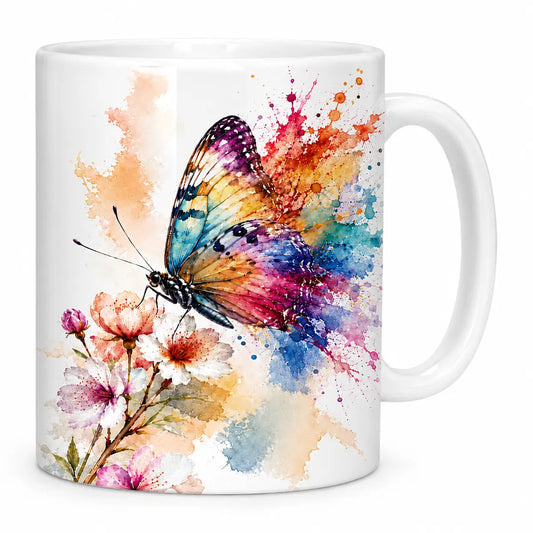 Sip in style with our personalized watercolor butterfly coffee mug featuring an abstract paint splatter butterfly on spring blossoms. Microwave and dishwasher safe. Free shipping!