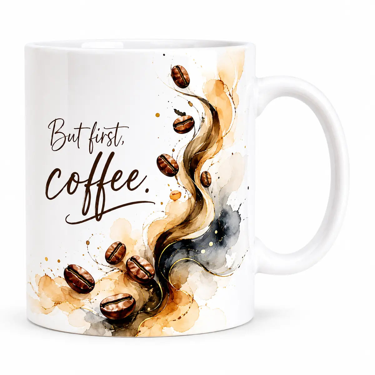 Start your day with the personalized watercolor coffee bean mug featuring roasted coffee beans and gold accents. Dishwasher safe. Free shipping!