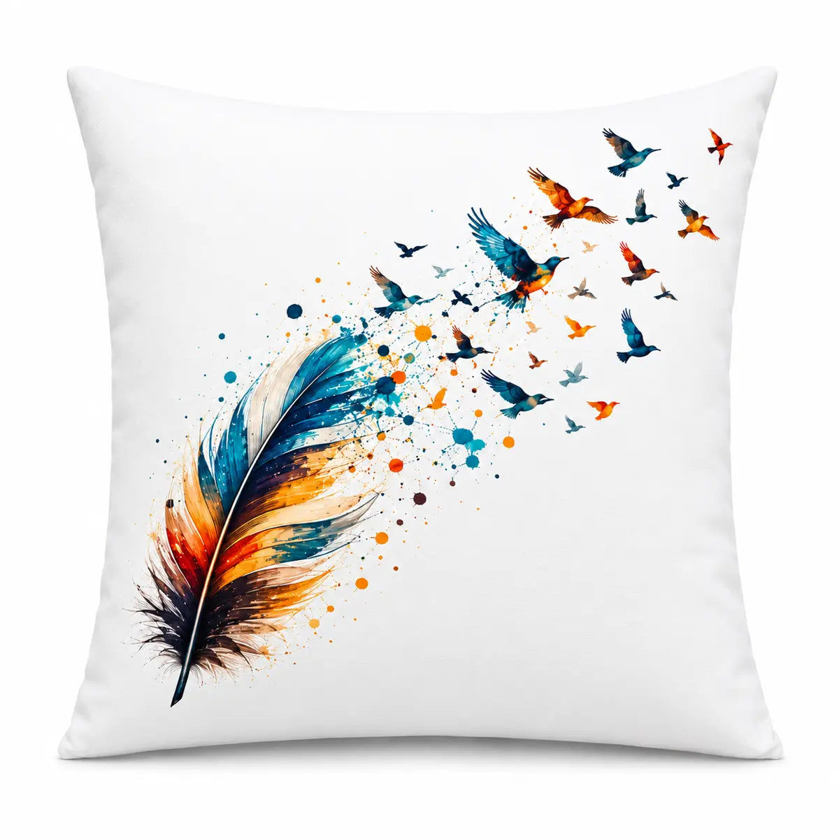 Add dynamic style to your couch with this personalized watercolor feather turning into flying birds pillow featuring vivid teal and orange splatters. Free shipping!