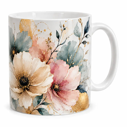 Sip in luxury with our personalized watercolor gold floral coffee mug featuring blush pink blossoms and gold accents. Microwave and dishwasher safe. Free shipping!