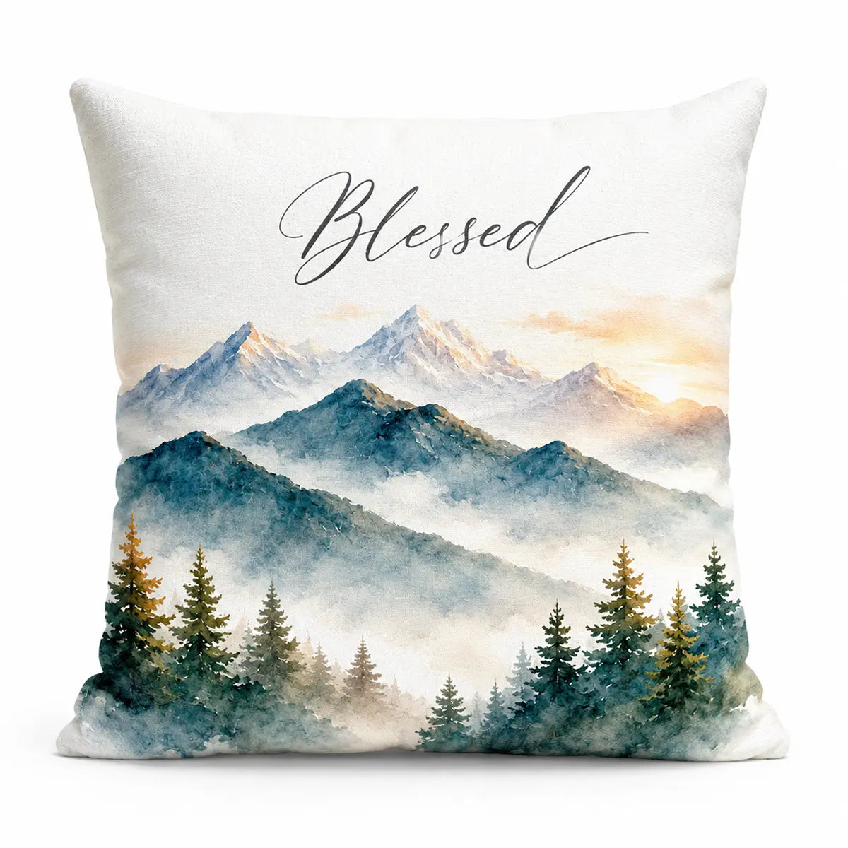Elevate your rustic decor with this personalized watercolor mountain blessed throw pillow featuring misty blue peaks, pine trees, and a golden sunrise. Free shipping!