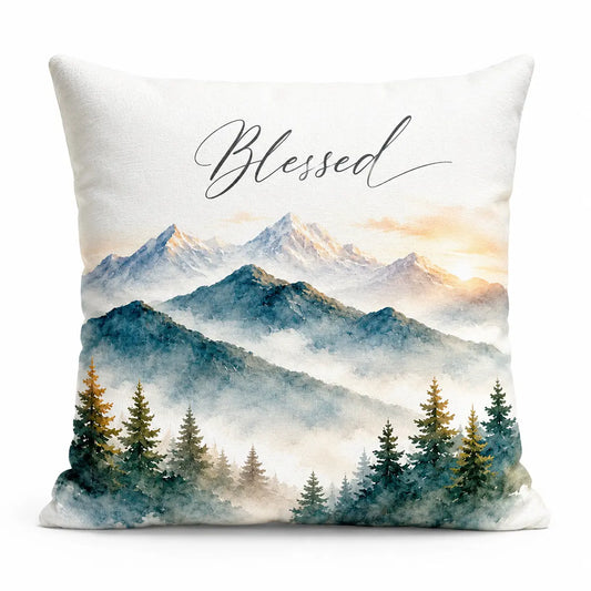 Elevate your rustic decor with this personalized watercolor mountain blessed throw pillow featuring misty blue peaks, pine trees, and a golden sunrise. Free shipping!