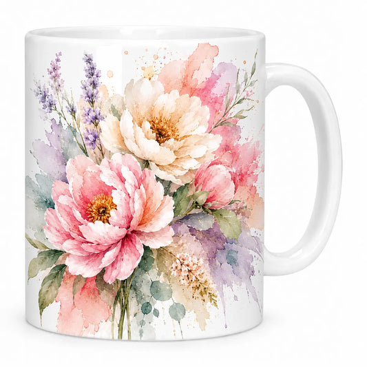Sip in style with our personalized watercolor pastel floral coffee mug featuring soft pink peonies and lavender accents. Microwave and dishwasher safe. Free shipping!