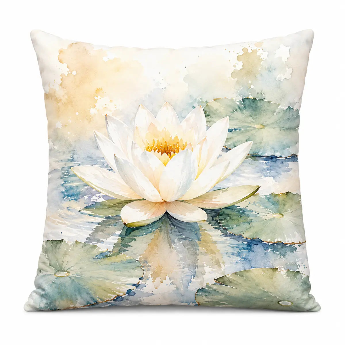 Elevate your peaceful decor with this personalized watercolor white lotus throw pillow featuring a water lily pond and soft pastel accents. Free shipping!
