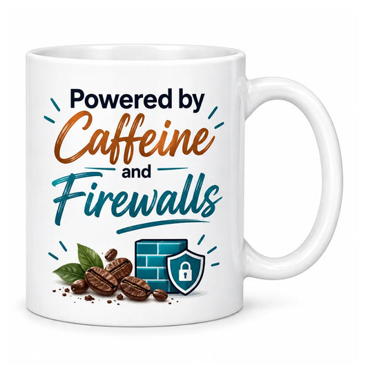 Stay alert with the custom powered by caffeine and firewalls cybersecurity mug. Featuring a glossy white finish, secure shield, and coffee bean graphics. Free shipping!